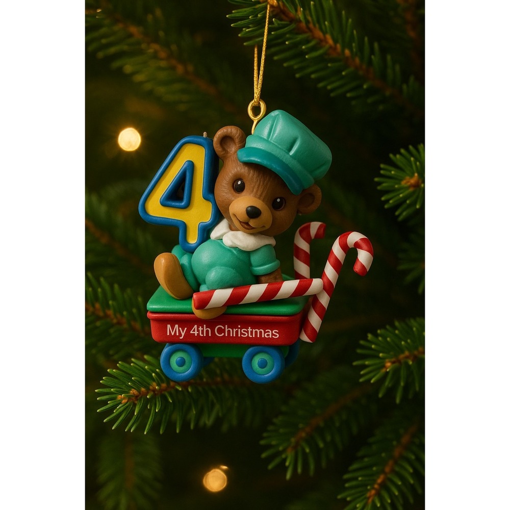 NIB My‎ 4th Christmas Bear Ornament Train Candy Cane Child's Keepsake Holiday